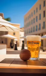 a glass of light brown beer and a ball