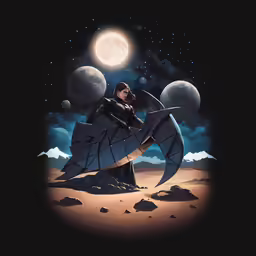 a man sitting on the moon on top of a black chair