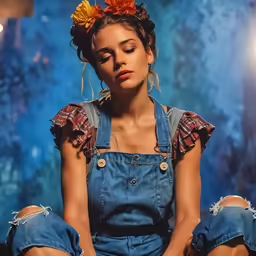 a young woman with an orange flower in her hair