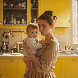 a woman in a kitchen holding a baby