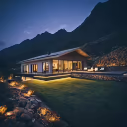an illuminated house in front of a mountain range