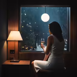 woman sitting in front of a window with a glass of wine
