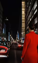 a woman in a red coat is standing near a city street