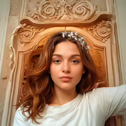 the girl with flowers in her hair is posing in front of the door
