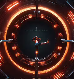 a circular photo of an abstract neon design,a person is dancing on a spinning neon frame