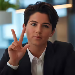 a woman is making the v sign with her fingers