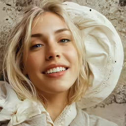 a woman with blonde hair wearing a white hat