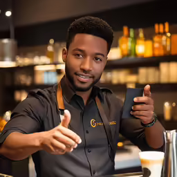 man holding up his phone while he shows the thumbs up