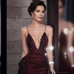 a woman in a deep red dress is standing