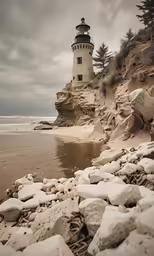 a snowy beach has waves lapping the rocky shore
