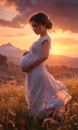 the woman is walking in a field with her pregnant baby bump