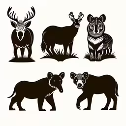 three different kinds of animals, one is standing and one is standing,set of different kinds of animals and antelopes,different types of animals silhouettes from left to right an antelope, boar, deer, and badger,an illustration of wild animals, set,a collection of different kinds of animals in silhouette