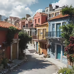 an old town street full of buildings with some bushes and trees