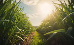 the sun is shining behind a lush green field