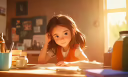 a girl sitting at a desk in the sunlight reading a book