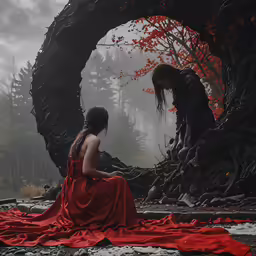 two people in a red dress standing by an archway