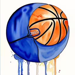 a watercolor painting of a basketball on top of a ball with splots on it,a painting of an orange and blue basketball,an orange basketball on a blue basketball in watercolor,a basketball with an orange on it sitting inside a big ball,a drawing of a basketball with the words duke on it
