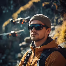 man wearing a hat, sunglasses and a backpack near rocky terrain