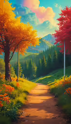 a path that leads to some pretty trees,an animation scene with a dirt path and colorful trees