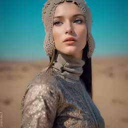 the woman is wearing a knit head band, scarf, and dress hat