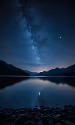 some water rocks lights and the milky is shining