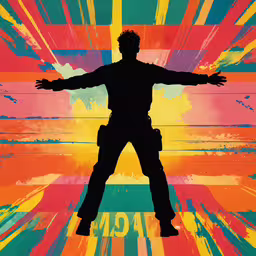 the man is wearing an odd colored silhouette,a poster that says man on abstract background