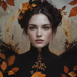 a close up of a woman with leaves around her shoulders