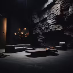 a living room with two couches and lighting