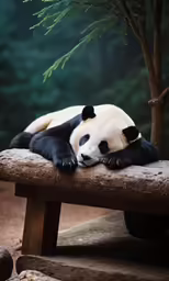 the panda bear is sleeping on the small bench