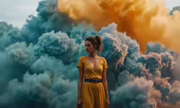 a woman standing in front of some very big clouds
