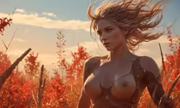 a naked woman walking in a grassy field