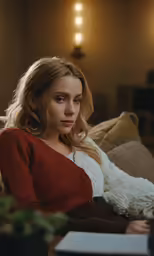 a woman is sitting on the couch looking pensive