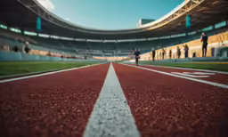 people are walking around on a track at a stadium