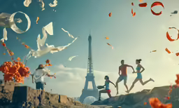 people running and confetti falling in front of the eiffel tower