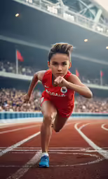 a young woman is running around the track