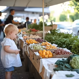 young girl looking at oranges at outdoor market