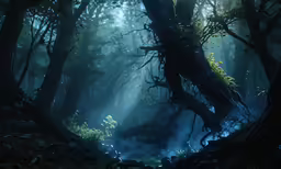 an eerie forest with thick fog and dark trees