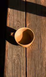 a tan cup on the ground near some wood