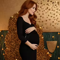 a pregnant woman in a black dress poses for the camera