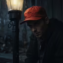 a man wearing an orange hat looking at the camera with a lantern on it