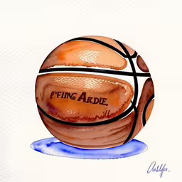 the drawing has a picture of a ball on top,watercolor and ink drawing of a basketball ball with words that read feeling adobe,a painting of a basketball with the words flying adde written in it,the drawing shows an orange basketball in the air,a drawing of a basketball on a white background