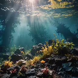 underwater view of trees and plants under water