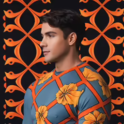 a man with black hair standing in front of a pattern