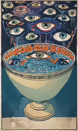 an art work depicting a bowl with various eyeballs floating out