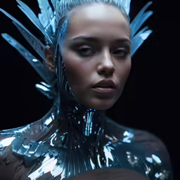 an attractive woman with large silver feathers on her head