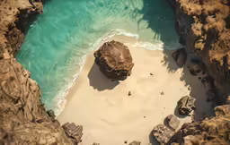 the aerial view of an ocean shoreline with rocks and a rock on the beach