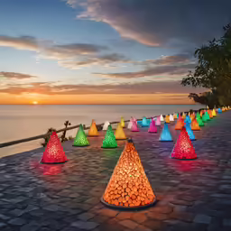 many colorful lights sitting along a path with ocean in the background