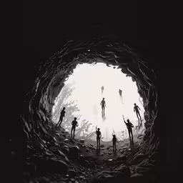four people walking through the tunnel