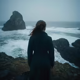 a woman in a green trench coat stands on the cliff by the ocean