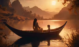 a woman and boy are sitting in a small boat,two people in a small boat on water near a mountains